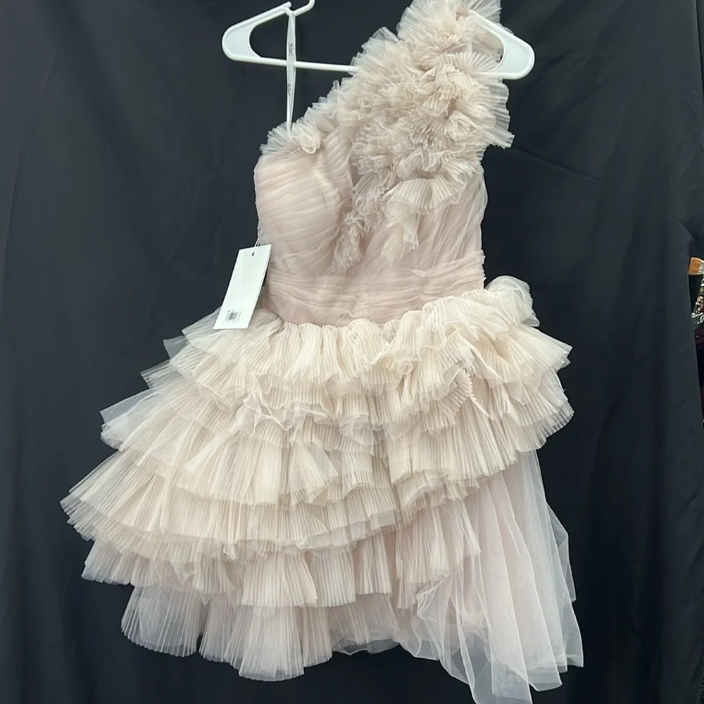 MAC DUGGAL 20600 Tulle Ruffle One Shoulder Mini Dress in Mauve